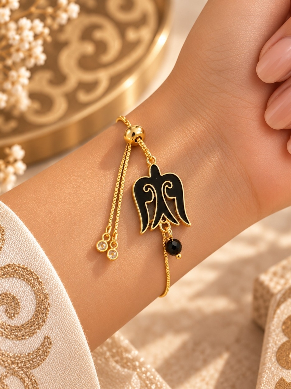 Kazakh Ornament Black & Gold Adjustable Bracelet